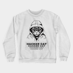 Hacker Cat. Hacker cat with hoodie and glasses, grayscale design Crewneck Sweatshirt